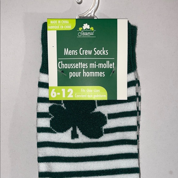 Men’s St. Patrick’s Day Green and White Striped Crew Socks With Clover - Picture 2 of 4